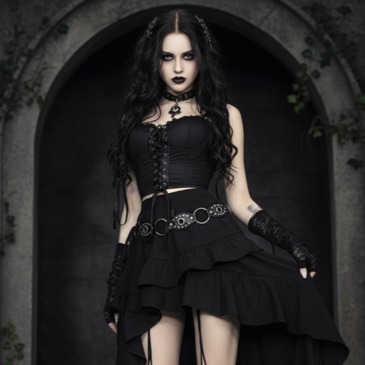 Woman in a gothic outfit standing in an archway