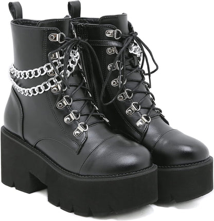 Gravechain Chunky Platform Boots – Black Combat Ankle - Noctura