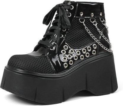 Hexbound Mesh Chain Wedge Boots – Black Platform Ankle - Noctura