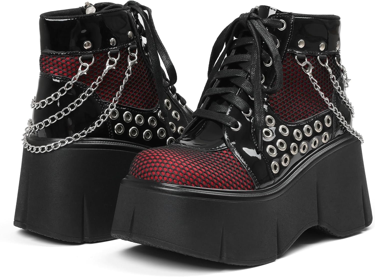 Hexbound Mesh Chain Wedge Boots – Black Platform Ankle - Noctura