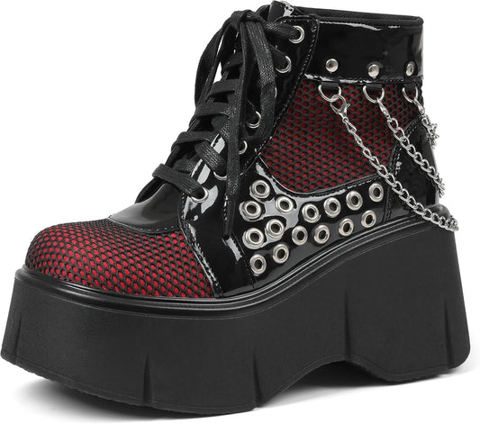 Hexbound Mesh Chain Wedge Boots – Black Platform Ankle - Noctura