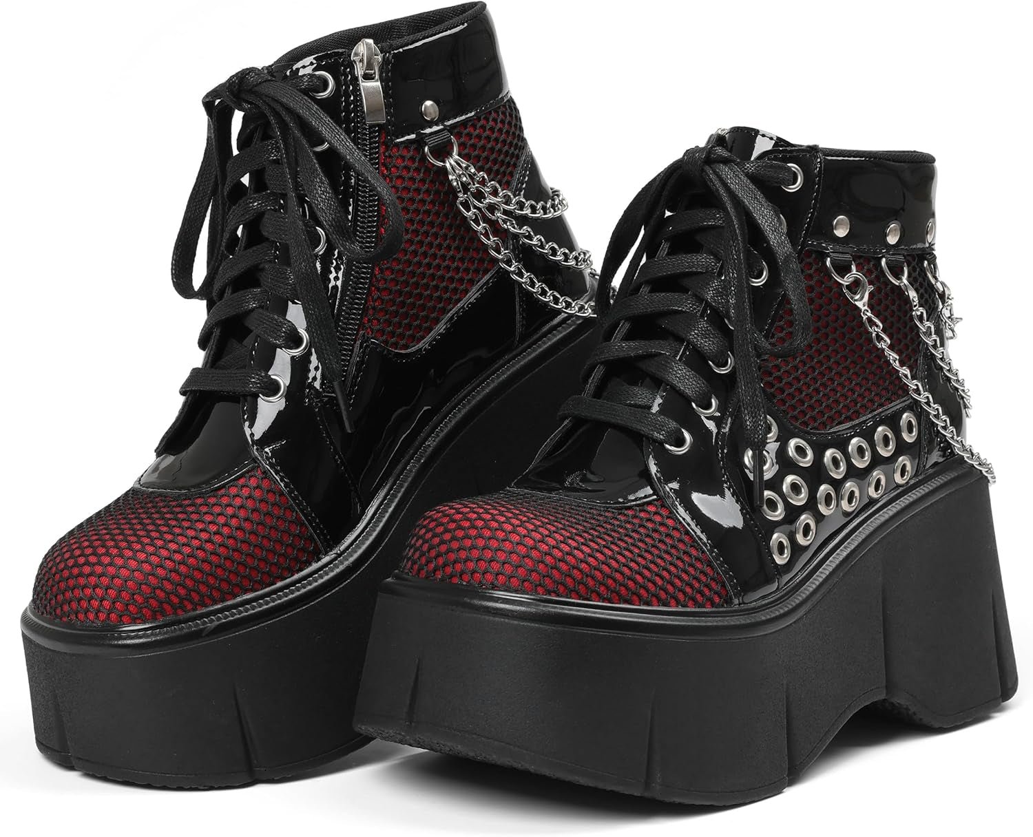 Hexbound Mesh Chain Wedge Boots – Black Platform Ankle - Noctura