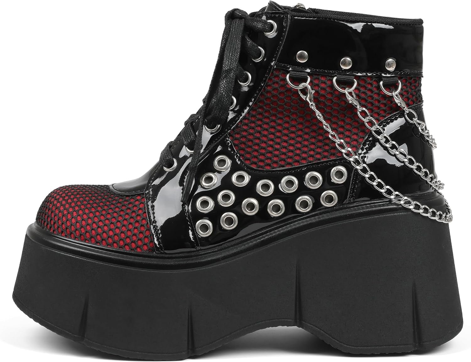 Hexbound Mesh Chain Wedge Boots – Black Platform Ankle - Noctura