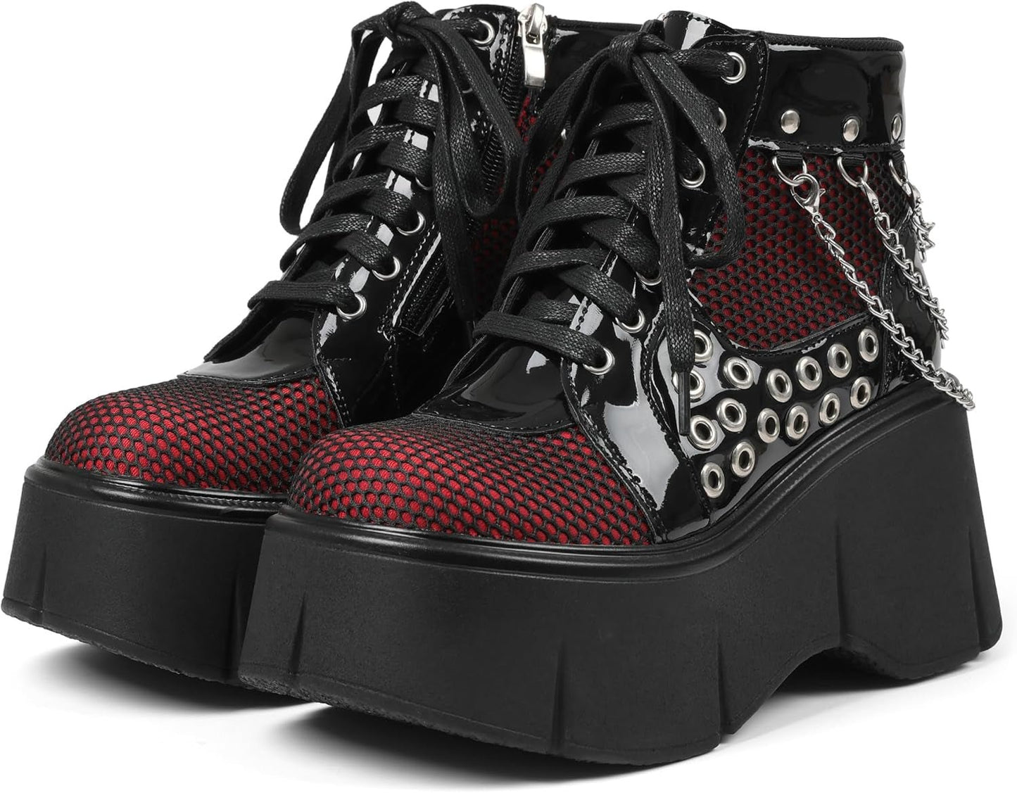 Hexbound Mesh Chain Wedge Boots – Black Platform Ankle - Noctura