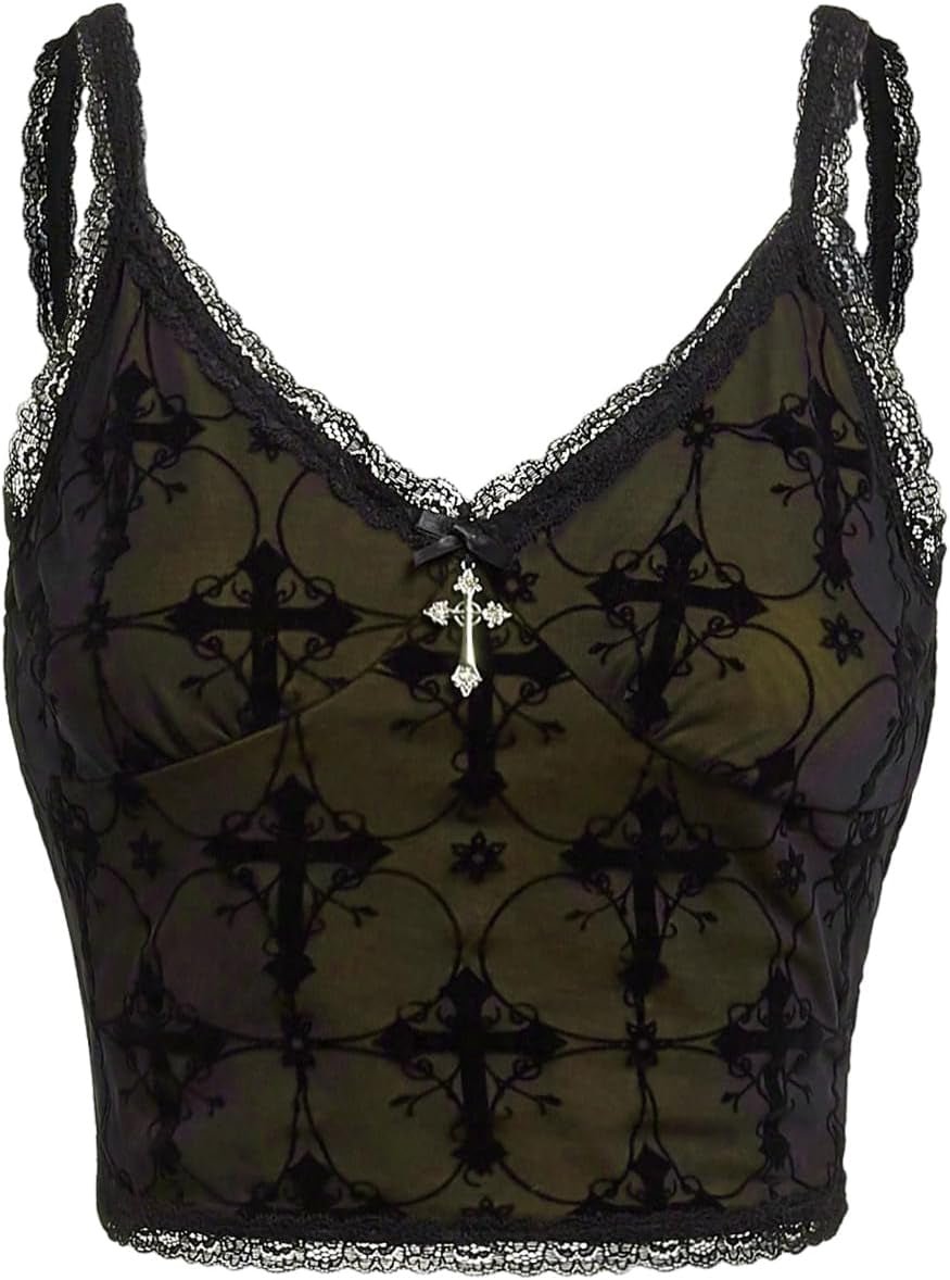 Lace Goth Crop Top – Witchy Grunge Cami - Noctura