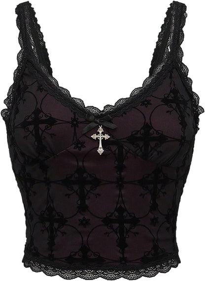 Lace Goth Crop Top – Witchy Grunge Cami - Noctura