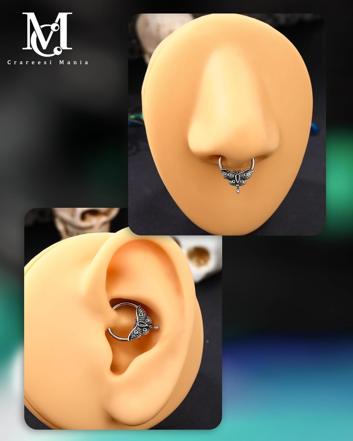 Moth Septum Ring 16G Mystical Septum Piercing Jewelry 316L Surgical Steel Daith Earrings Gothic Septum Segment Rings Halloween for Women Men - Noctura