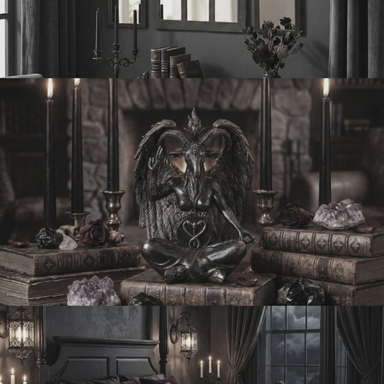 gothic home decor with 3 gothic cathedral shaped mirrors, a statue of a goat with a human body, and a gothic theme bedroom with bat printed blanket on the bed