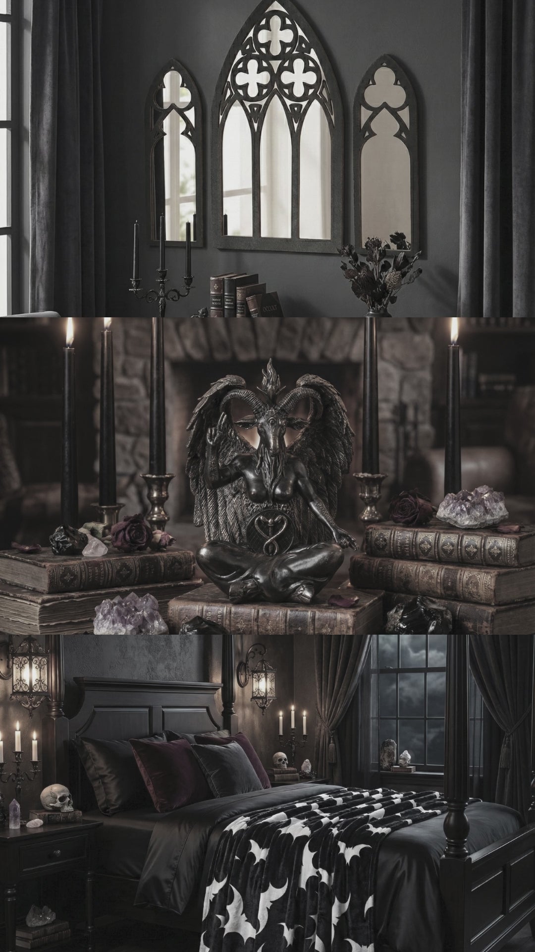 gothic home decor with 3 gothic cathedral shaped mirrors, a statue of a goat with a human body, and a gothic theme bedroom with bat printed blanket on the bed