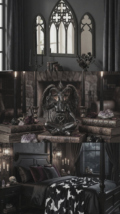 gothic home decor with 3 gothic cathedral shaped mirrors, a statue of a goat with a human body, and a gothic theme bedroom with bat printed blanket on the bed