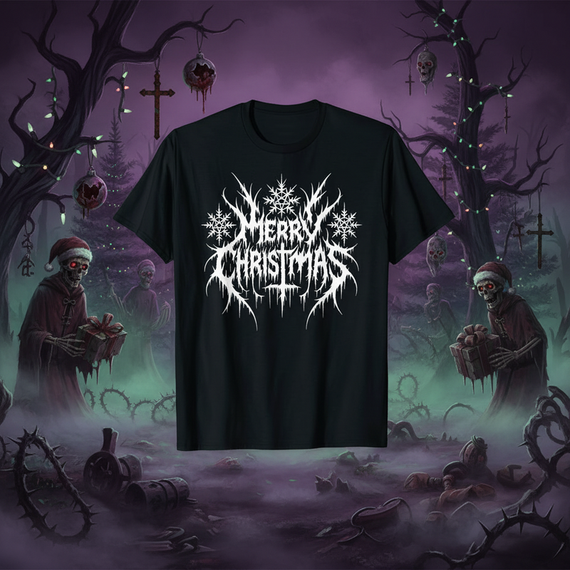 Black t-shirt with 'Merry Christmas' design in a spooky, festive background with skeletons and Christmas trees.