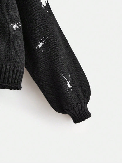 Spider Embroidery Lantern Sleeve Cardigan - Noctura