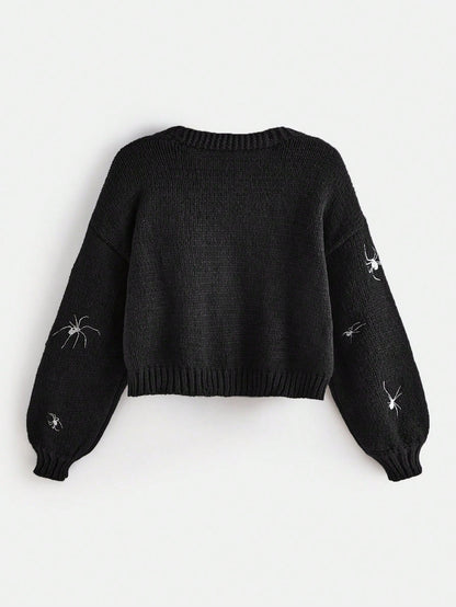 Spider Embroidery Lantern Sleeve Cardigan - Noctura