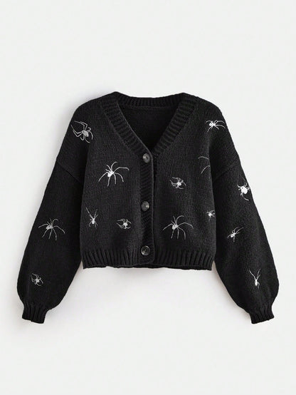 Spider Embroidery Lantern Sleeve Cardigan - Noctura