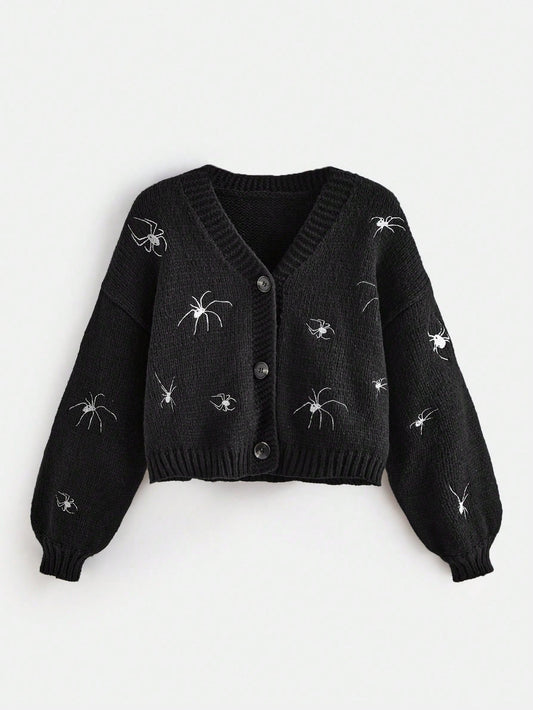 Spider Embroidery Lantern Sleeve Cardigan - Noctura