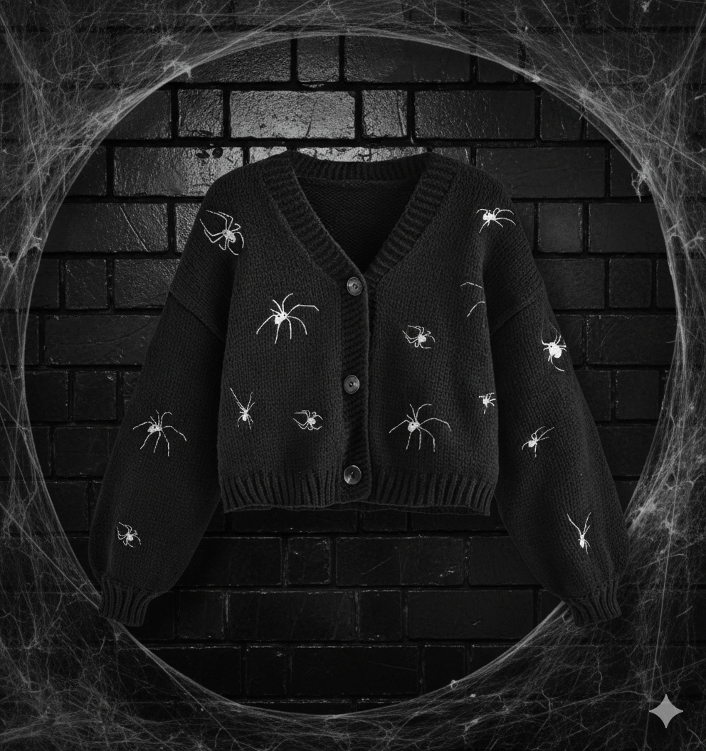 Spider Embroidery Lantern Sleeve Cardigan - Noctura
