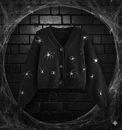 Spider Embroidery Lantern Sleeve Cardigan - Noctura