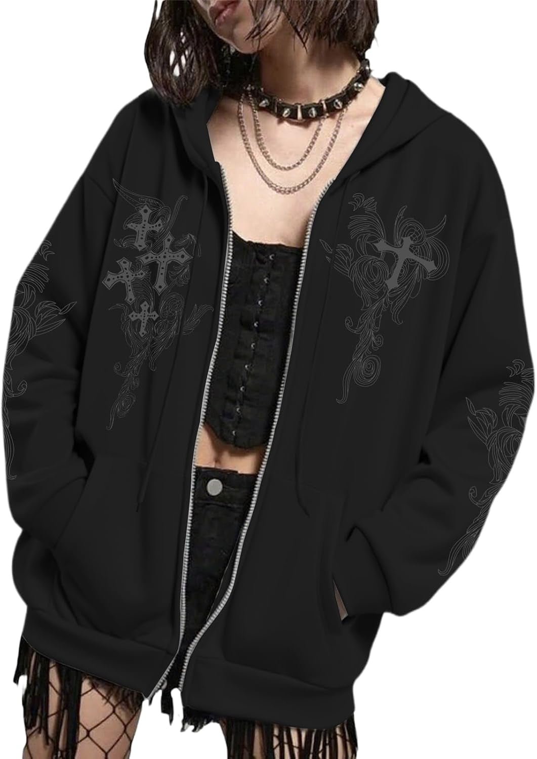 Y2K Gothic Zip Hoodie – Grunge Cross Streetwear - Noctura