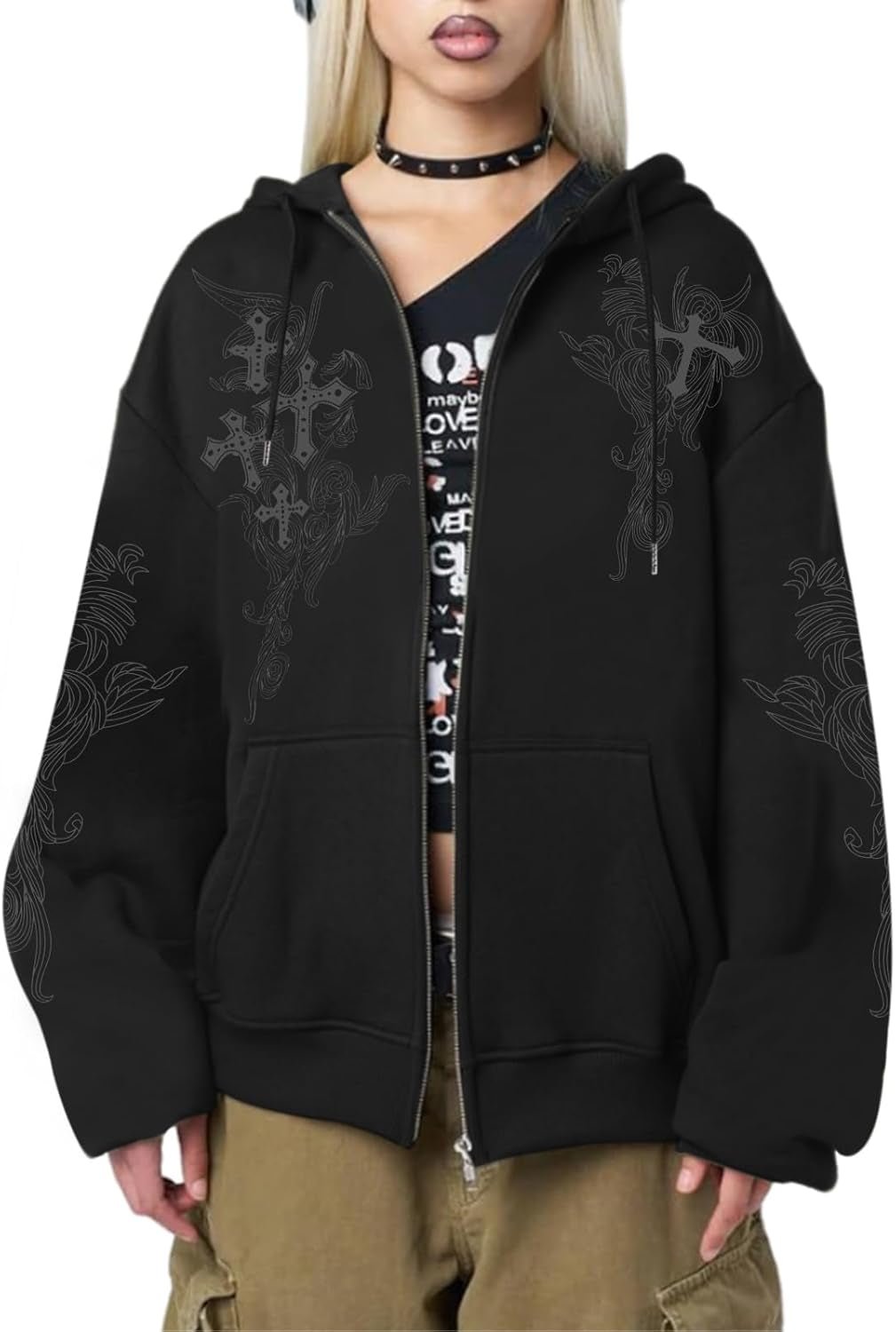 Y2K Gothic Zip Hoodie – Grunge Cross Streetwear - Noctura
