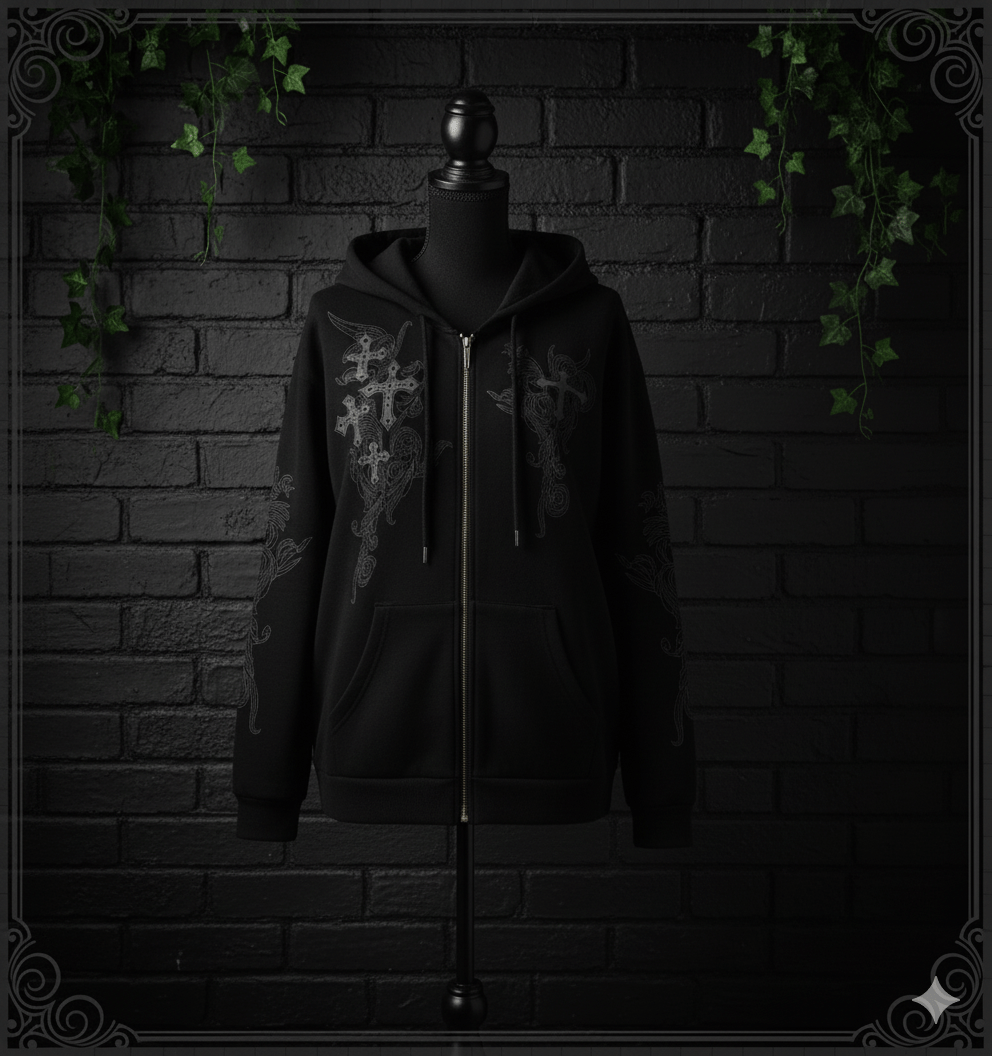 Y2K Gothic Zip Hoodie – Grunge Cross Streetwear - Noctura