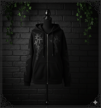 Y2K Gothic Zip Hoodie – Grunge Cross Streetwear - Noctura