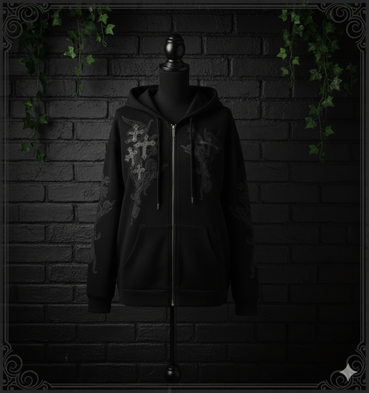 Y2K Gothic Zip Hoodie – Grunge Cross Streetwear - Noctura