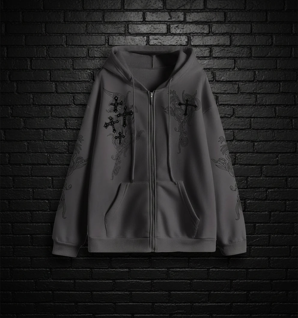 Y2K Gothic Zip Hoodie – Grunge Cross Streetwear - Noctura