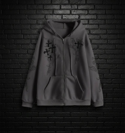 Y2K Gothic Zip Hoodie – Grunge Cross Streetwear - Noctura